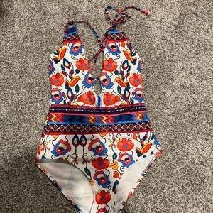 White multicolor floral one piece swimsuit